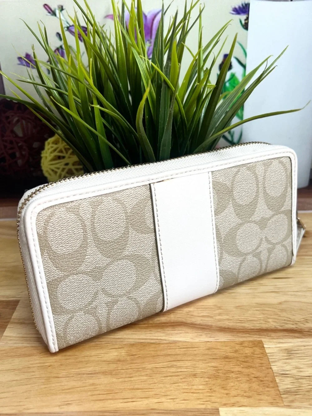 Coach Signature C Zip Around Accordion Long Wallet in Beige & Chalk - Picture 4 of 7